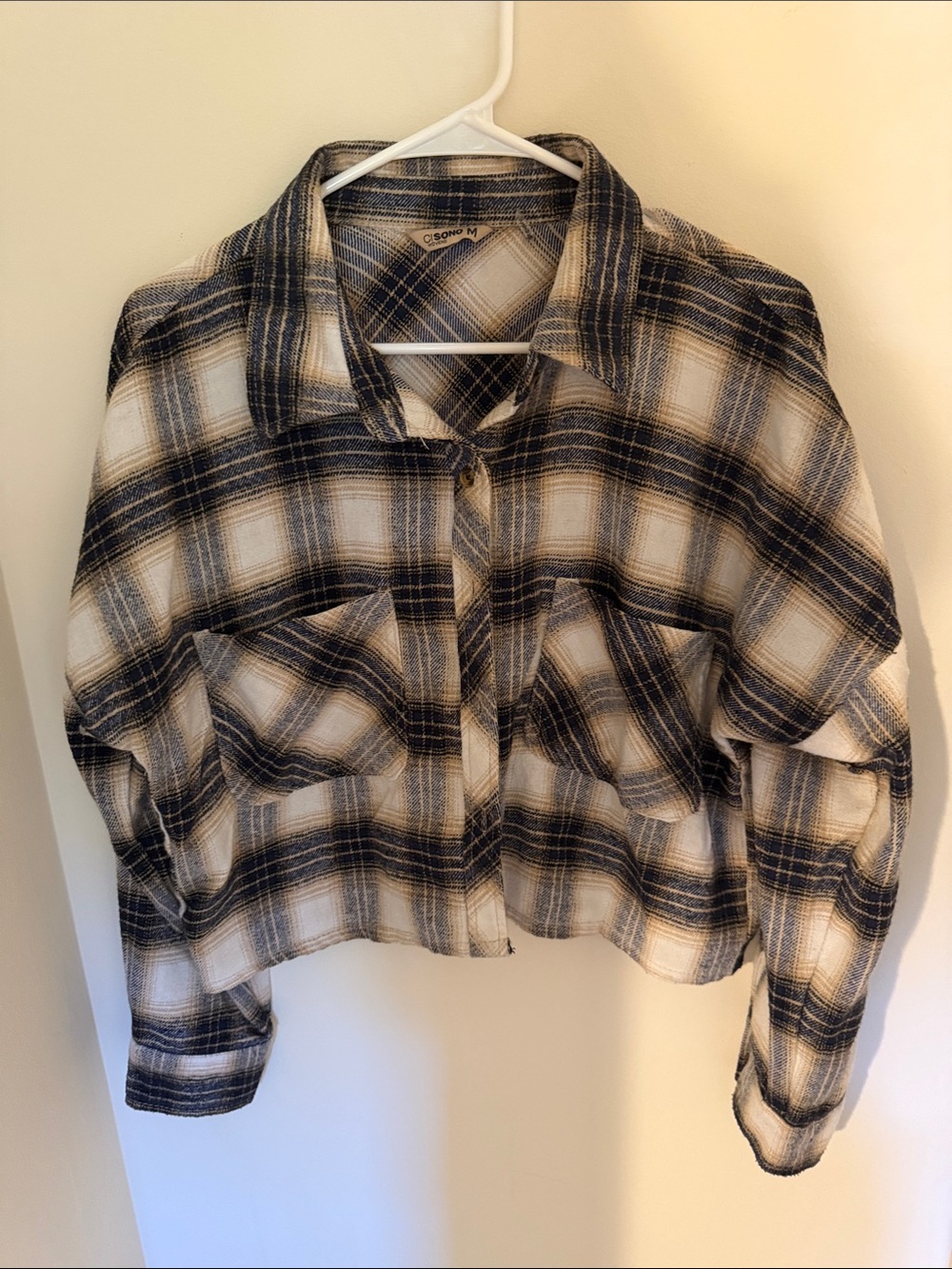 Caslon Plaid Button-Front Cropped Shirt flannel- Blue & Cream